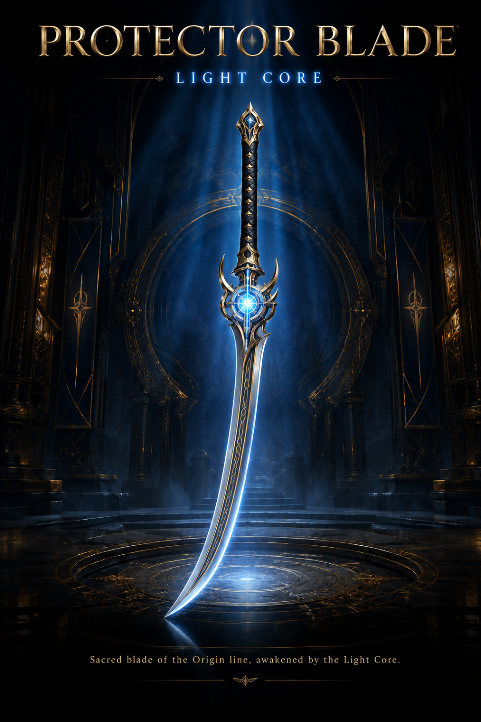Protector Blade with its glowing Light Core suspended in a sacred chamber