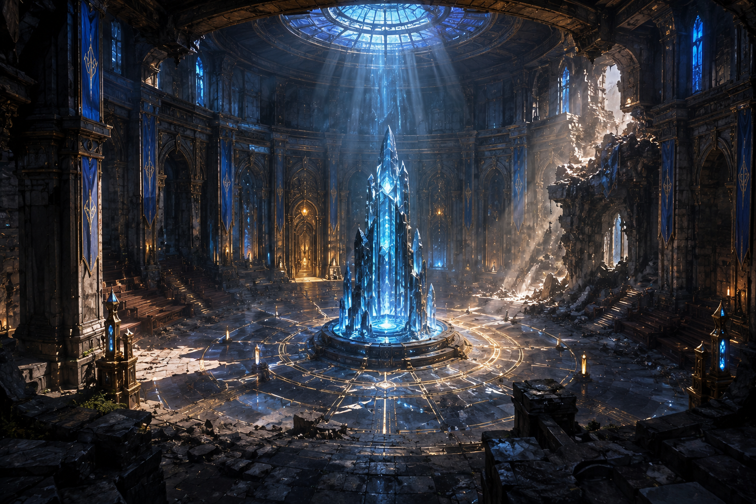 A ruined ceremonial chamber with a radiant crystal at its center